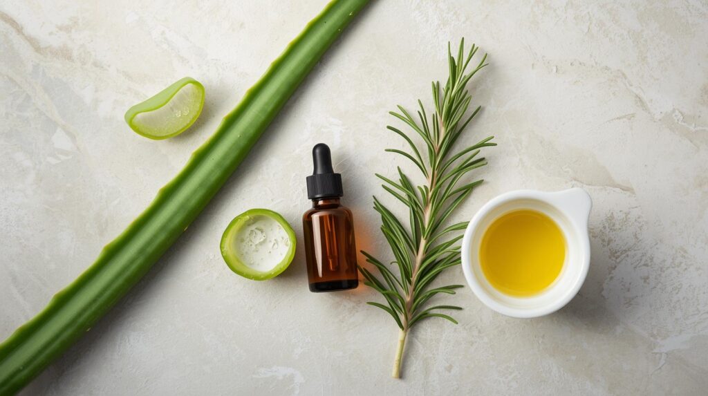 Akne, siğil ve saç dökülmesi tedavisinde kullanılan çay ağacı yağı, aloe vera ve bitkisel topikal destekler
